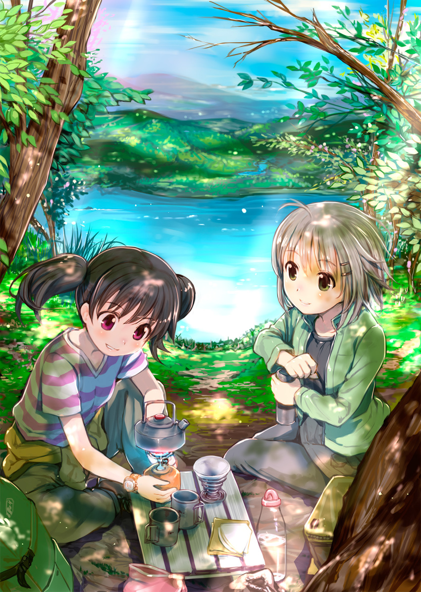 2girls ahoge backpack backpack_removed bag bangs black_hair black_shirt boots bottle brown_footwear camping clothes_around_waist coffee coffee_filter commentary cooking cup day foliage funnel grass green_eyes green_jacket green_pants grey_hair grey_pants hair_ornament hairclip highres holding_thermos jacket jacket_around_waist kettle kuraue_hinata lake landscape leaning_forward light_rays lunchbox mikazuki_akira! multiple_girls napkin on_ground opening outdoors pants pink_shirt shirt short_hair short_twintails sitting sky smile stove striped striped_shirt sunbeam sunlight teapot thermos tree tree_branch twintails two-tone_shirt violet_eyes watch watch water white_shirt yama_no_susume yellow_jacket yukimura_aoi