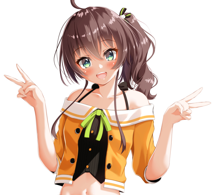 1girl :d ahoge bangs bare_shoulders black_bow black_ribbon blush bow brown_hair buttons cat_hair_ornament collarbone double_v eyebrows_visible_through_hair green_eyes green_ribbon hair_between_eyes hair_ornament hair_ribbon hands_up head_tilt highres hololive jacket looking_at_viewer medium_hair natsuiro_matsuri navel off-shoulder_jacket open_mouth orange_jacket pinstripe_camisole ribbon shiny shiny_hair side_ponytail simple_background smile solo stomach upper_body v virtual_youtuber white_background yakatora