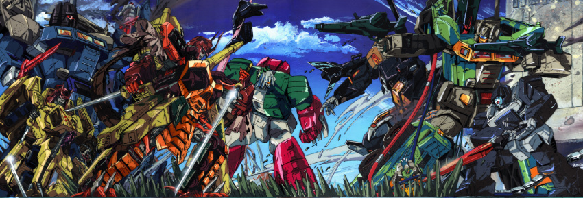 1980s_(style) armor armored_vehicle autobot battle bludgeon blue_eyes cerebros clouds crocodile crocodilian decepticon dual_wielding grass ground_vehicle gun hardhead highres holding incoming_attack japanese_armor katana marble-v master_sword_(transformers) multiple_boys one-eyed onslaught red_eyes retro_artstyle samurai skeleton skull skull-cruncher sword tomahawk_(transformers) transformers weapon