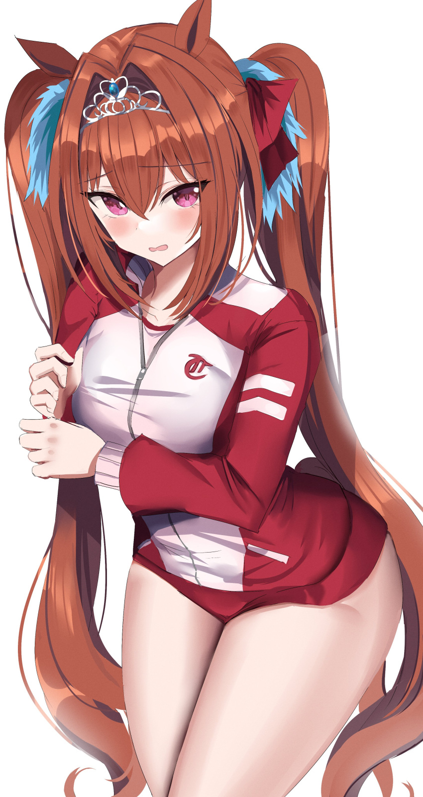 1girl absurdres animal_ears bangs blush breasts brown_hair buruma daiwa_scarlet_(umamusume) hair_intakes hanasaka_houcha highres horse_ears horse_girl horse_tail jacket large_breasts long_hair long_sleeves looking_at_viewer open_mouth red_buruma red_eyes red_jacket tail thighs tiara track_jacket twintails umamusume very_long_hair