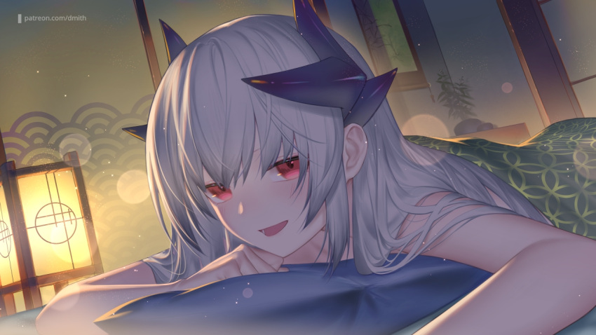 1girl architecture blanket dmith dragon_girl dragon_horns east_asian_architecture fate/grand_order fate_(series) grey_hair horns kiyohime_(fate) lamp long_hair lying multiple_horns naked_sheet on_stomach pillow red_eyes solo under_covers