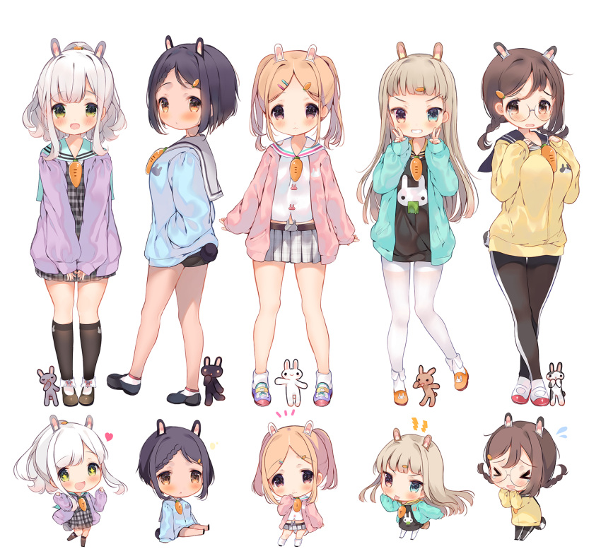 &gt;_&lt; 5girls :&lt; :p animal_ears arms_up ass belt black_dress black_footwear black_hair black_legwear black_shorts blue_cardigan blush braid brown_eyes brown_footwear brown_hair bunny_girl bunny_tail cardigan carrot chibi crossed_legs double_v dress eyebrows eyebrows_visible_through_hair forehead full_body glasses green_eyes grey_dress grey_skirt grin hair_ornament hairclip hands_in_pockets heart heterochromia highres kneehighs leggings long_hair multiple_girls orange_footwear original pantyhose pink_cardigan pink_footwear plaid plaid_dress plaid_skirt ponytail purple_cardigan rabbit_ears senmen_kinuko shirt shoes short_dress short_hair short_shorts shorts silver_hair skirt smile tail thighband_pantyhose tongue tongue_out twin_braids twintails v white_legwear white_shirt yellow_shirt