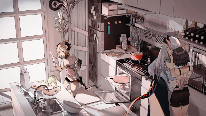 3girls absurdres arknights baking baking_sheet bare_legs beige_shirt belt blonde_hair blouse bottle bra_strap bread brown_hair cookie_(ppyf5328) cooking cupboard cutlery cutting_board demon_horns dragon_girl dragon_horns dragon_tail earrings food from_above hair_bun high-waist_skirt highres horns ifrit_(arknights) indoors jewelry jug kiss kitchen kitchen_knife lettuce long_hair microwave mixing_bowl multicolored_hair multiple_girls orange_eyes oripathy_lesion_(arknights) oven pot refrigerator rhine_lab_logo saria_(arknights) shadow short_hair short_shorts shorts silence_(arknights) silver_hair sink skirt spiked_tail stove striped_blouse tail tail_through_clothes tile_wall tiles two-tone_hair white_blouse window yuri