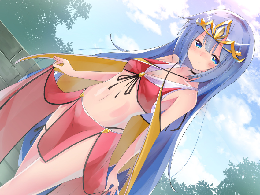 1girl bangs bare_arms bare_shoulders blue_eyes blue_hair blush breasts closed_mouth commentary_request day dutch_angle eyebrows_visible_through_hair front-tie_top hair_between_eyes highres navel nose_blush original outdoors pink_skirt ryogo skirt skirt_hold small_breasts smile solo tiara