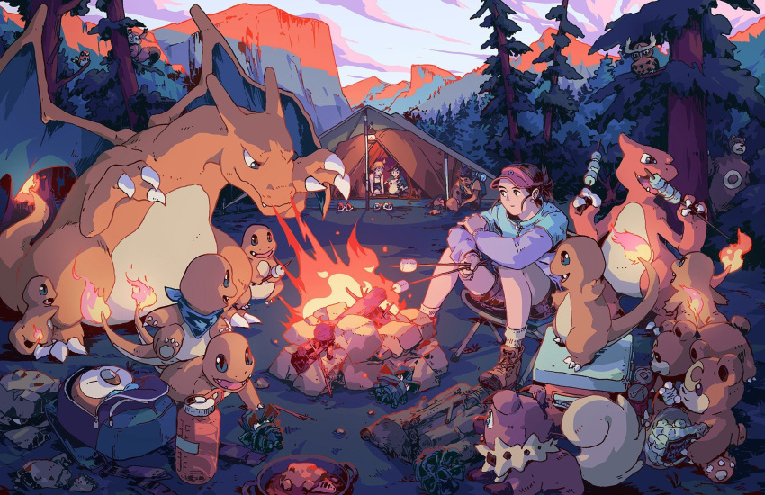 ash_ketchum brock_(pokemon) bryce_kho campfire charizard charmander charmeleon clouds diglett fire food forest gen_1_pokemon gen_2_pokemon hat highres marshmallow misty_(pokemon) nature outdoors pokemon pokemon_(creature) shoes shorts sky teddiursa tree