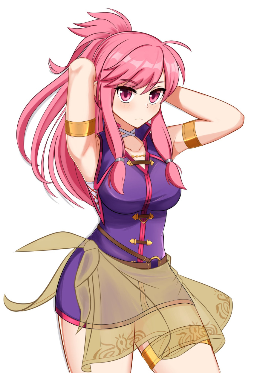 1girl ahoge armband armpits arms_behind_head blush breasts choker closed_mouth collarbone commentary_request cowboy_shot dress eyebrows_visible_through_hair fire_emblem fire_emblem:_the_sacred_stones hair_ornament highres kirby_lord large_breasts long_hair looking_at_viewer marisa_(fire_emblem) mixed-language_commentary o-ring pink_eyes pink_hair ponytail popped_collar purple_dress sarong shadow short_dress sidelocks simple_background solo thigh_strap thighs very_long_hair white_background white_choker