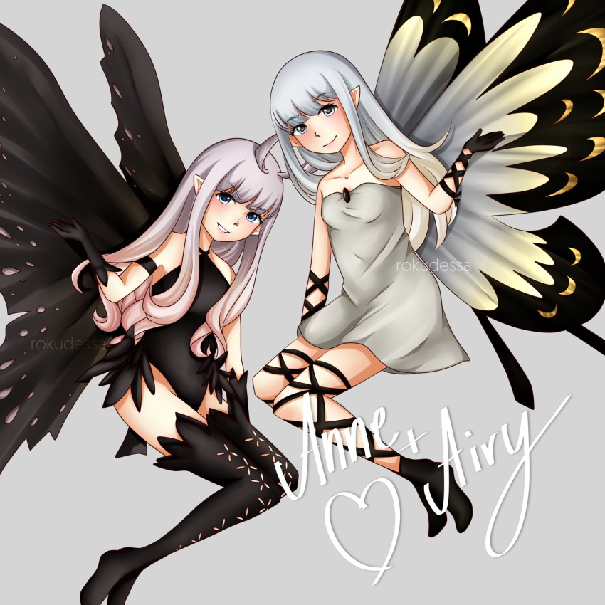 2girls aerie_(bravely_default) anne_(bravely_second) antenna_hair arm_up artist_name bare_shoulders black_gloves black_legwear black_leotard blue_eyes bravely_default:_flying_fairy bravely_default_(series) bravely_second:_end_layer breasts brown_eyes butterfly_wings character_name collarbone dress eyebrows_visible_through_hair fairy full_body gloves grey_background grey_hair highres leotard long_hair looking_at_viewer multiple_girls pointy_ears rokudessa short_dress simple_background small_breasts smile strapless strapless_dress thigh-highs thigh_strap white_dress wings