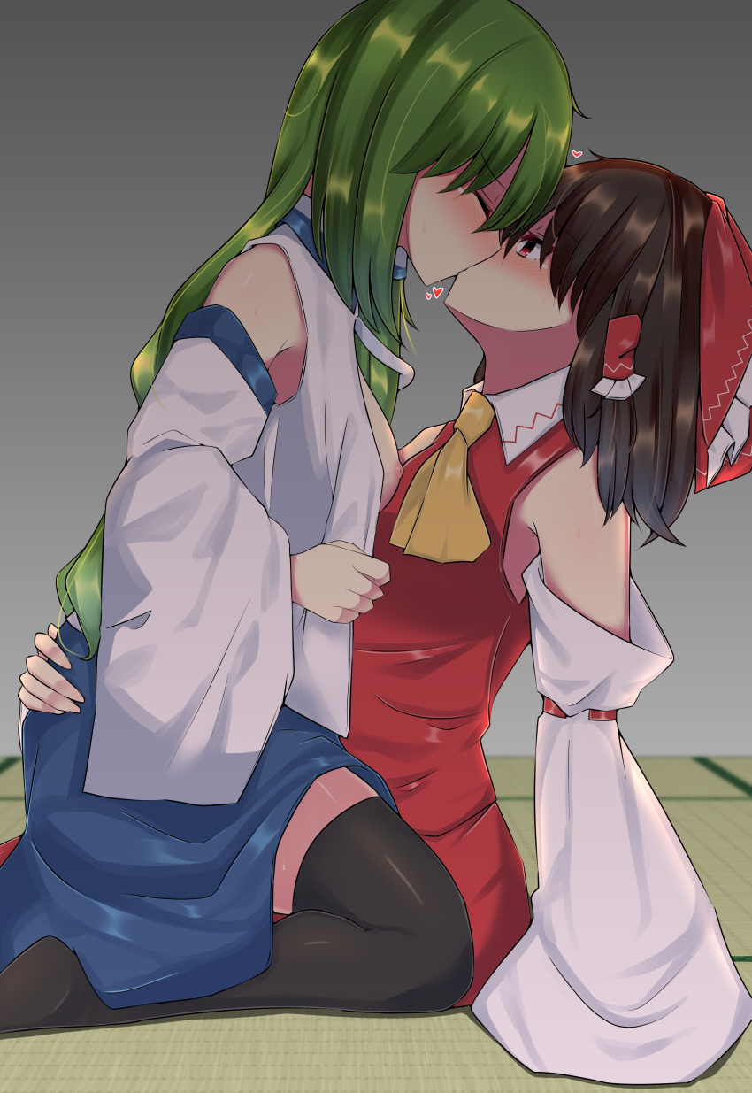 2girls absurdres blue_skirt bow breasts brown_hair closed_eyes detached_sleeves french_kiss green_hair hakurei_reimu highres japanese_clothes kiss kochiya_sanae long_hair looking_at_another medium_breasts miko mokutan_(link_machine) multiple_girls nipples red_bow red_eyes skirt small_breasts thigh-highs touhou yuri