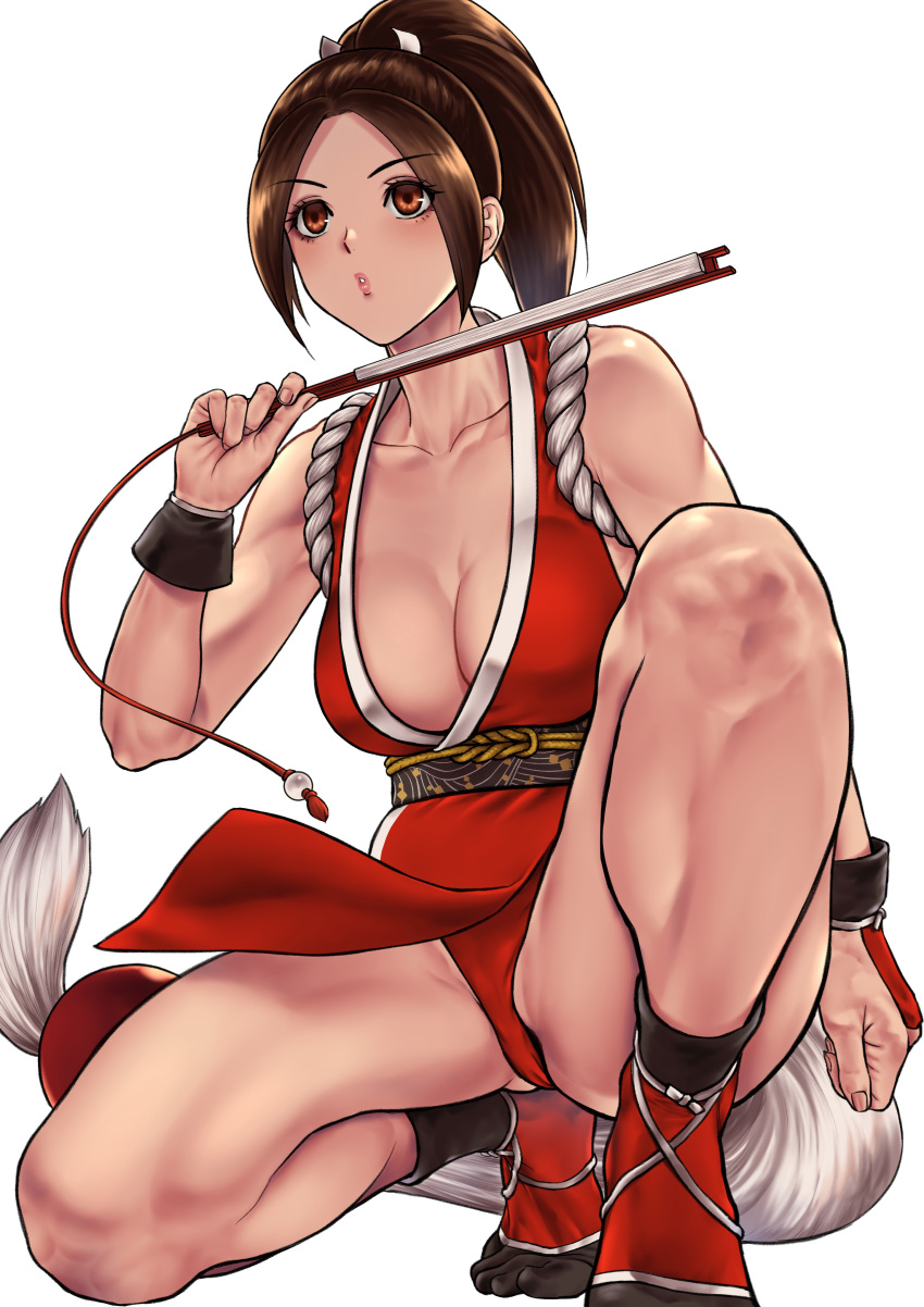 1girl absurdres bangs bare_shoulders beniazumaru blush breasts brown_eyes brown_hair closed_fan collarbone commentary_request eyebrows_visible_through_hair fan fatal_fury fingernails folding_fan highres holding japanese_clothes kneeling large_breasts lips long_hair ninja panties parted_bangs parted_lips pelvic_curtain ponytail red_panties revealing_clothes rope shiny shiny_hair shiny_skin shiranui_mai simple_background sleeveless solo the_king_of_fighters thighs tied_hair underwear