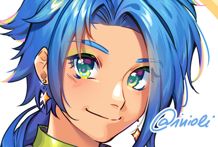 1boy aliasing androgynous artist_name bangs blue-haired_boy_(how_to_draw_manga) blue_hair blush closed_mouth commentary cropped earrings english_commentary eyebrows_visible_through_hair face forehead glint green_eyes hair_intakes happy how_to_draw_manga inioli jewelry light_blush long_hair looking_at_viewer male_focus ponytail shiny shiny_hair sidelocks signature simple_background smile solo tied_hair twitter_username white_background