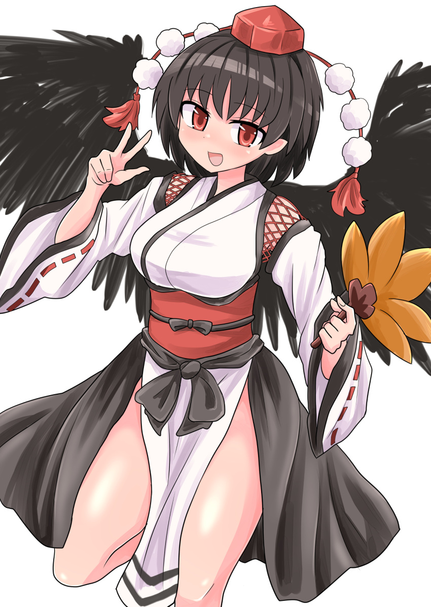 1girl :d black_hair blush chups commentary_request foot_out_of_frame hat hauchiwa highres kourindou_tengu_costume looking_at_viewer nose_blush open_mouth pom_pom_(clothes) red_eyes shameimaru_aya simple_background smile solo standing standing_on_one_leg tokin_hat touhou v white_background