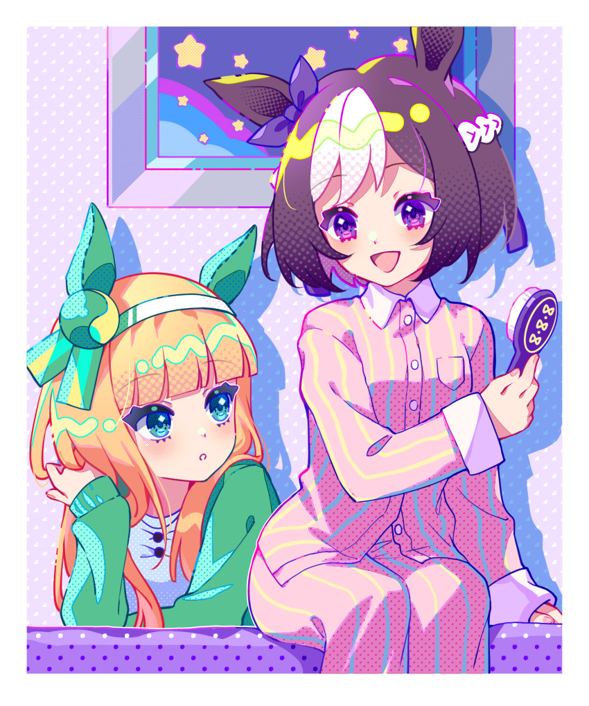 2girls :d :o absurdres animal_ears blue_eyes blush braid brown_hair collared_shirt commentary_request dress_shirt ear_ribbon eye_contact green_jacket hair_brush hairband highres holding holding_brush horse_ears jacket long_hair long_sleeves looking_at_another multicolored_hair multiple_girls open_mouth orange_hair pajamas pants parted_lips pink_pajamas pink_pants pink_shirt purple_ribbon ribbon shao_(shaorouhong) shirt short_hair silence_suzuka_(umamusume) sitting sleeves_past_wrists smile special_week_(umamusume) star_(symbol) striped striped_shirt two-tone_hair umamusume vertical-striped_pants vertical-striped_shirt vertical_stripes violet_eyes white_hair white_hairband