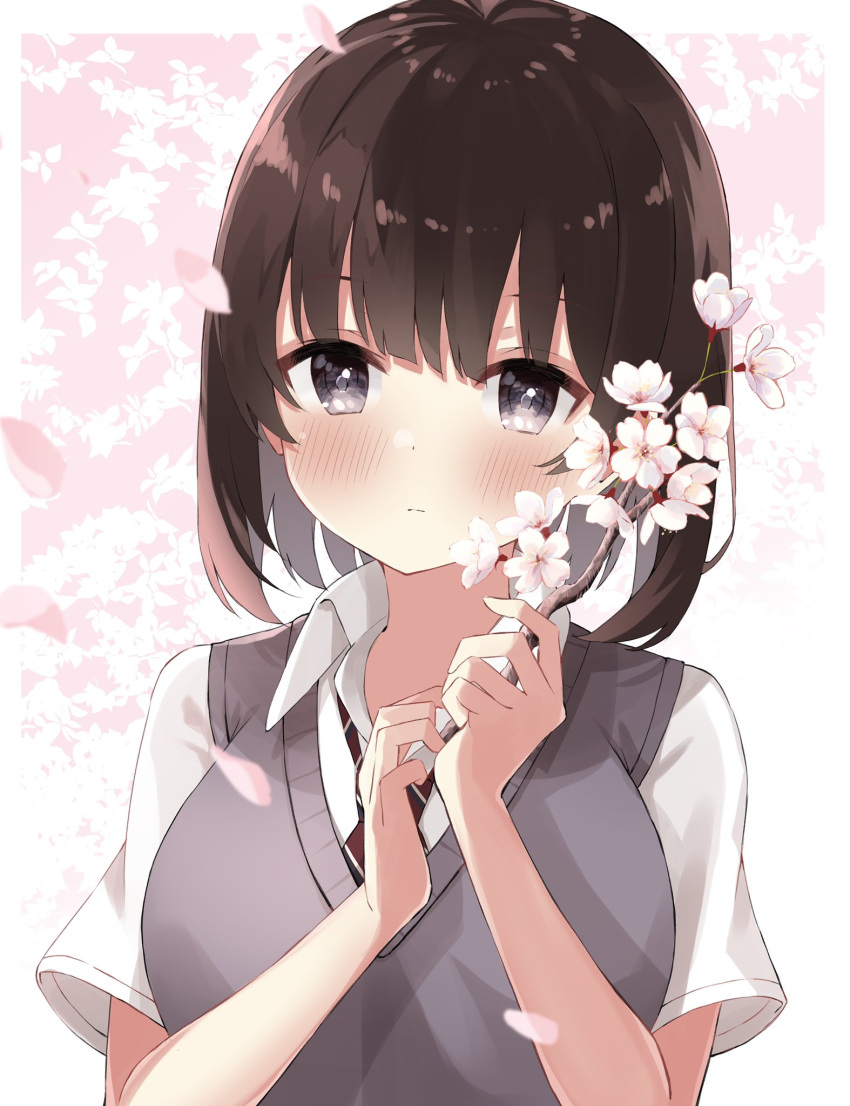 1girl akagikou bangs black_hair blush branch breasts cherry_blossoms collared_shirt commentary flower grey_eyes grey_sweater_vest highres holding holding_branch looking_at_viewer medium_breasts medium_hair necktie original petals pink_flower red_neckwear shirt short_sleeves solo striped striped_neckwear sweater_vest symbol_commentary white_shirt