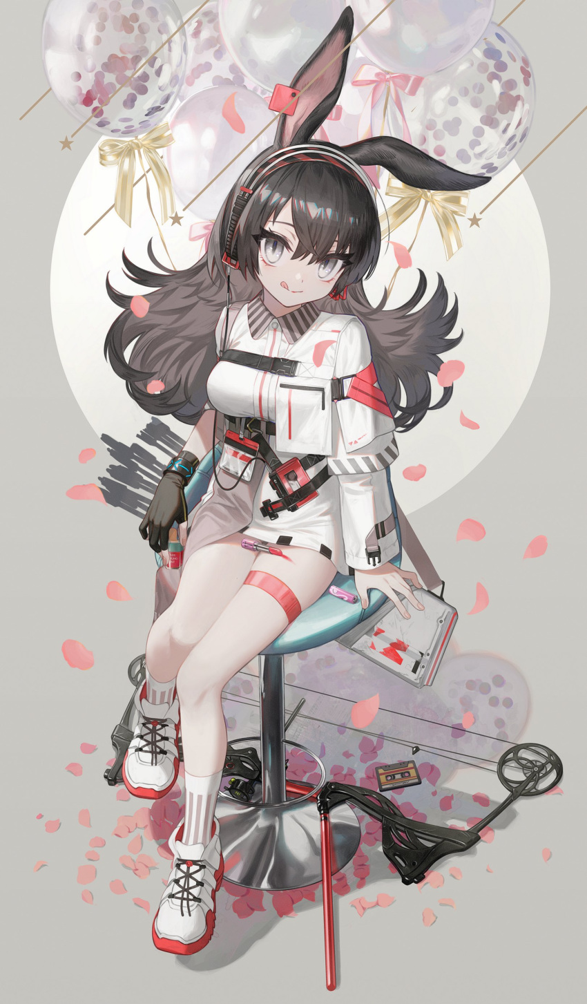 1girl :q absurdres animal_ears april_(arknights) arknights asymmetrical_sleeves balloon bangs bar_stool black_gloves black_hair bow_(weapon) cassette_tape collared_dress compound_bow cosmetics dress fingerless_gloves gloves grey_eyes hairband highres ji_mag_(artist) lipstick_tube long_hair long_sleeves looking_at_viewer mixed-language_commentary petals rabbit_ears rabbit_girl shoes single_fingerless_glove sitting sneakers solo stool thigh_strap tongue tongue_out weapon white_dress white_footwear white_legwear wristband