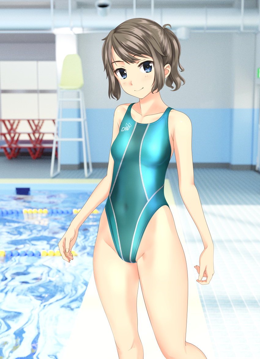 1girl absurdres aqua_swimsuit blue_eyes blurry breasts brown_hair chair clothes_writing competition_swimsuit depth_of_field feet_out_of_frame highleg highleg_swimsuit highres huge_filesize lifeguard_chair looking_at_viewer multicolored multicolored_clothes multicolored_swimsuit one-piece_swimsuit original ponytail pool poolside short_hair sidelocks small_breasts smile solo standing swimsuit takafumi