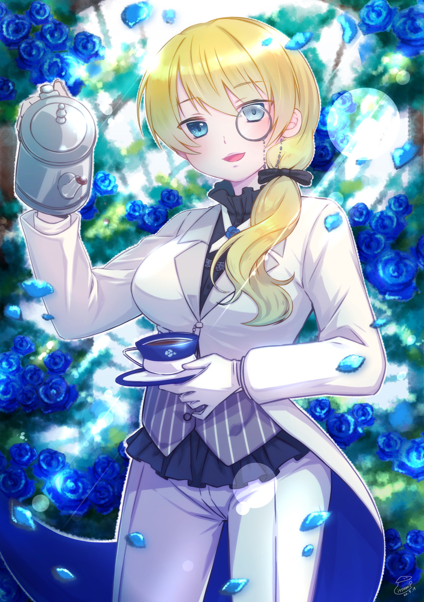 1girl absurdres alternate_hairstyle artist_name bangs black_blouse black_ribbon blonde_hair blouse blue_eyes blue_flower blue_rose coattails collar commentary cowboy_shot cup darjeeling_(girls_und_panzer) dated eyebrows_visible_through_hair floral_background flower frilled_collar frills girls_und_panzer girls_und_panzer_senshadou_daisakusen! gloves grey-framed_eyewear grey_vest hair_down hair_ribbon high_collar highres holding holding_saucer holding_teapot itsumip jacket long_hair looking_at_viewer monocle neck_ribbon official_alternate_costume open_mouth pants petals ribbon rose round_eyewear saucer signature smile solo standing sunlight teacup teapot vertical-striped_vest vest white_gloves white_jacket white_neckwear white_pants