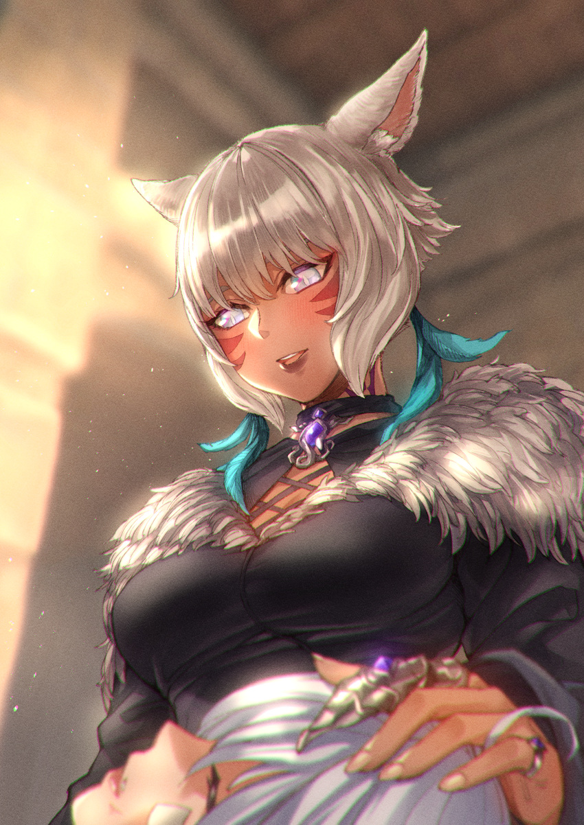 2girls absurdres animal_ears bangs black_dress blurry blurry_background breasts cat_ears commentary_request dark_skin dress facial_mark final_fantasy final_fantasy_xiv from_below fur_trim grey_eyes grey_hair hand_on_another's_head highres hjz_(artemi) huge_filesize medium_breasts miqo'te multiple_girls neck_tattoo open_mouth short_hair silver_hair tattoo whisker_markings y'shtola_rhul