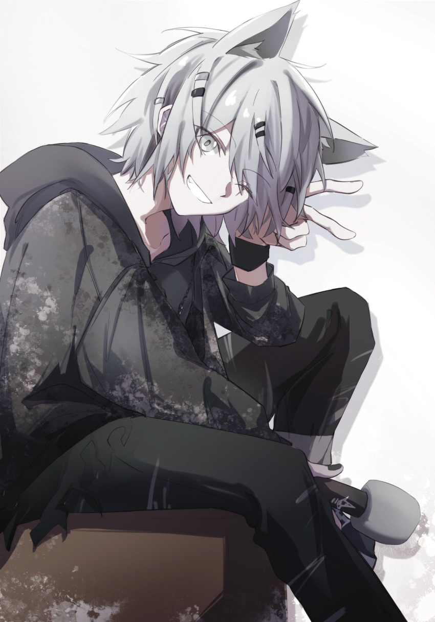 1girl animal_ears arknights bangs grey_eyes grey_jacket grin hair_ornament hairclip hibioes highres holding holding_microphone jacket knee_up lappland_(ambience_synesthesia)_(arknights) lappland_(arknights) long_sleeves looking_at_viewer microphone official_alternate_costume one_eye_closed open_clothes open_jacket print_jacket scar scar_across_eye short_hair silver_hair sitting smile solo tail teeth v white_background wolf_ears wolf_girl wristband