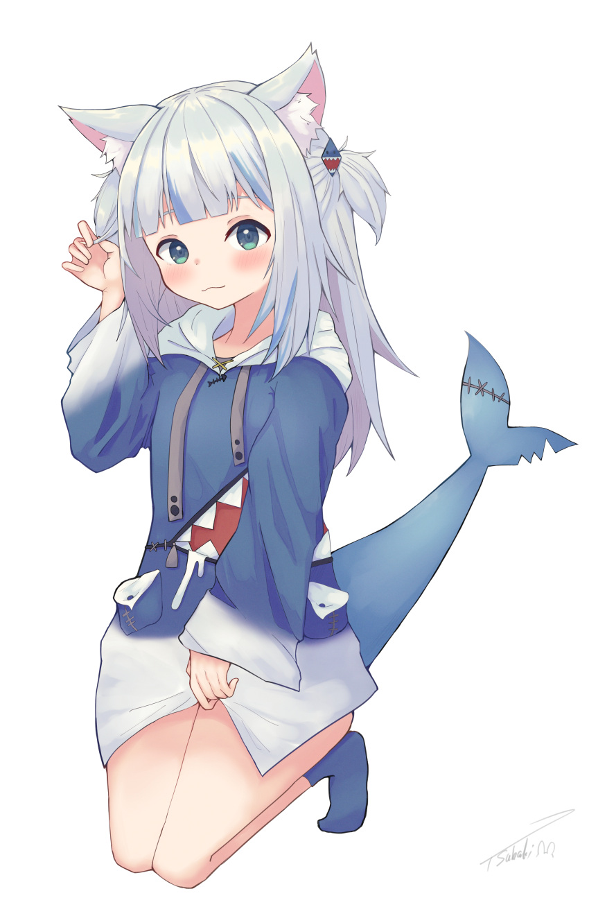 1girl :3 absurdres animal_ear_fluff animal_ears artist_name bangs blue_eyes blue_hair blue_hoodie blue_leotard blunt_bangs blush cat_ears claw_pose closed_mouth fish_tail full_body gawr_gura hair_ornament hand_up highres hololive hololive_english hood hoodie kneeling leotard long_hair long_sleeves looking_at_viewer multicolored_hair no_shoes shark_hair_ornament shark_tail signature silver_hair simple_background sleeves_past_wrists smile socks solo streaked_hair tail tsubaki_usagi two_side_up virtual_youtuber white_background wide_sleeves