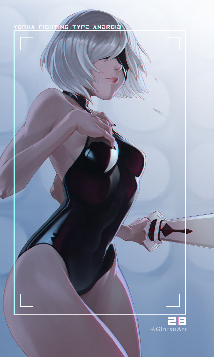 1girl absurdres black_blindfold black_leotard black_nails blindfold breasts character_name covered_eyes english_commentary fingernails gintsu highres holding holding_sword holding_weapon latex latex_leotard leotard lips medium_breasts nier_(series) nier_automata no_mole nose pink_lips sharp_fingernails short_hair silver_hair skin_tight solo sword weapon yorha_no._2_type_b