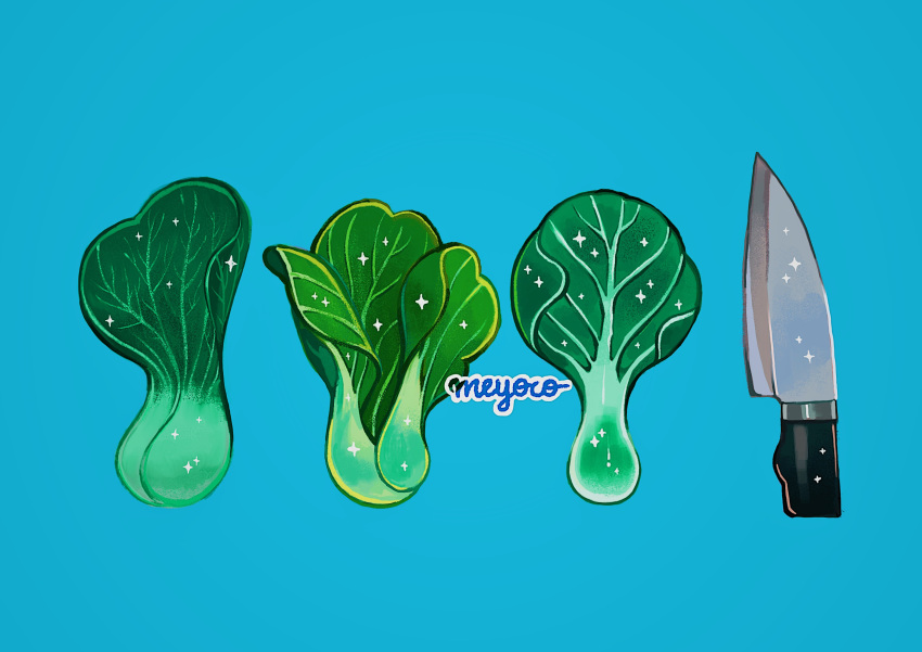 absurdres artist_name blue_background bok_choy food food_focus highres knife leaf meyoco no_humans original simple_background sparkle vegetable