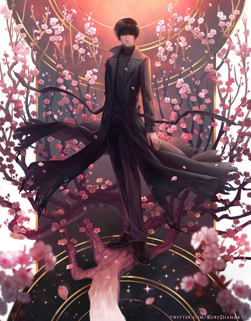 1boy artist_name black_coat black_hair black_pants black_ribbon blurry branch cherry_blossoms closed_mouth coat depth_of_field expressionless flower full_body green_eyes highres long_sleeves looking_at_viewer pants petals ribbon rubydian short_hair solo sparkle standing_on_branch sumeragi_subaru torn_clothes torn_coat turtleneck watermark web_address x_(manga)