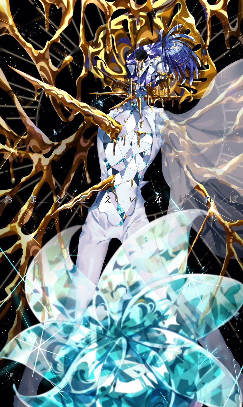 2others absurdres androgynous bangs black_background blue_hair crystal_hair dripping dual_persona fuji_den_fujiko gold golden_arms green_hair highres houseki_no_kuni multiple_others other_focus phosphophyllite phosphophyllite_(ll) short_hair simple_background solo_focus sparkle spoilers white_eyes