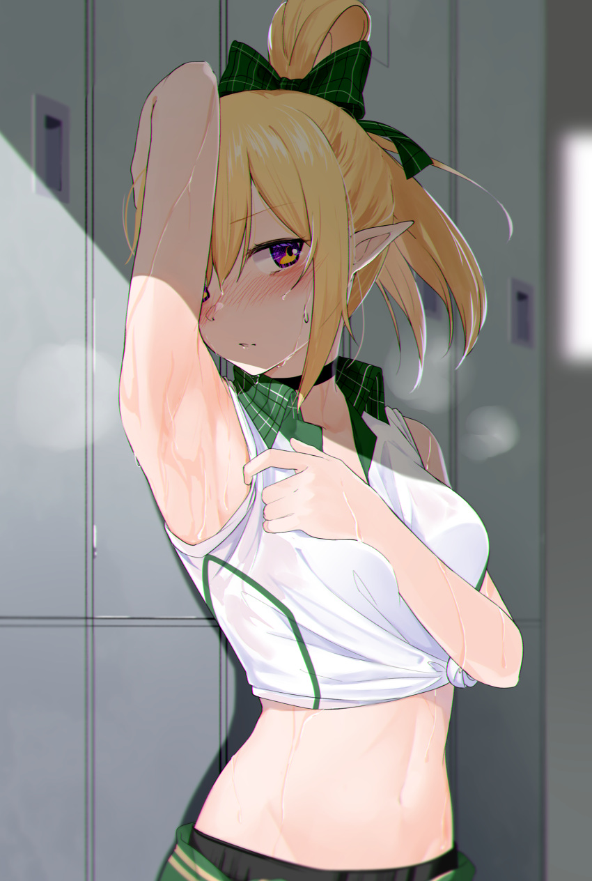 1girl arm_up armpits bangs bare_shoulders bigappletart black_choker black_shorts blonde_hair blush bow breasts chloe_(princess_connect!) choker clothes_around_waist collared_shirt commentary cowboy_shot eyebrows_visible_through_hair green_bow green_jacket groin gym_uniform hair_between_eyes hair_bow high_ponytail highres indoors jacket jacket_around_waist locker locker_room long_hair looking_at_viewer medium_breasts midriff navel nose_blush official_alternate_costume parted_lips plaid plaid_bow pointy_ears presenting_armpit princess_connect! princess_connect!_re:dive shadow shirt shorts sidelocks sleeves_rolled_up solo standing steam sweat tied_shirt violet_eyes wet wet_clothes wet_shirt white_shirt