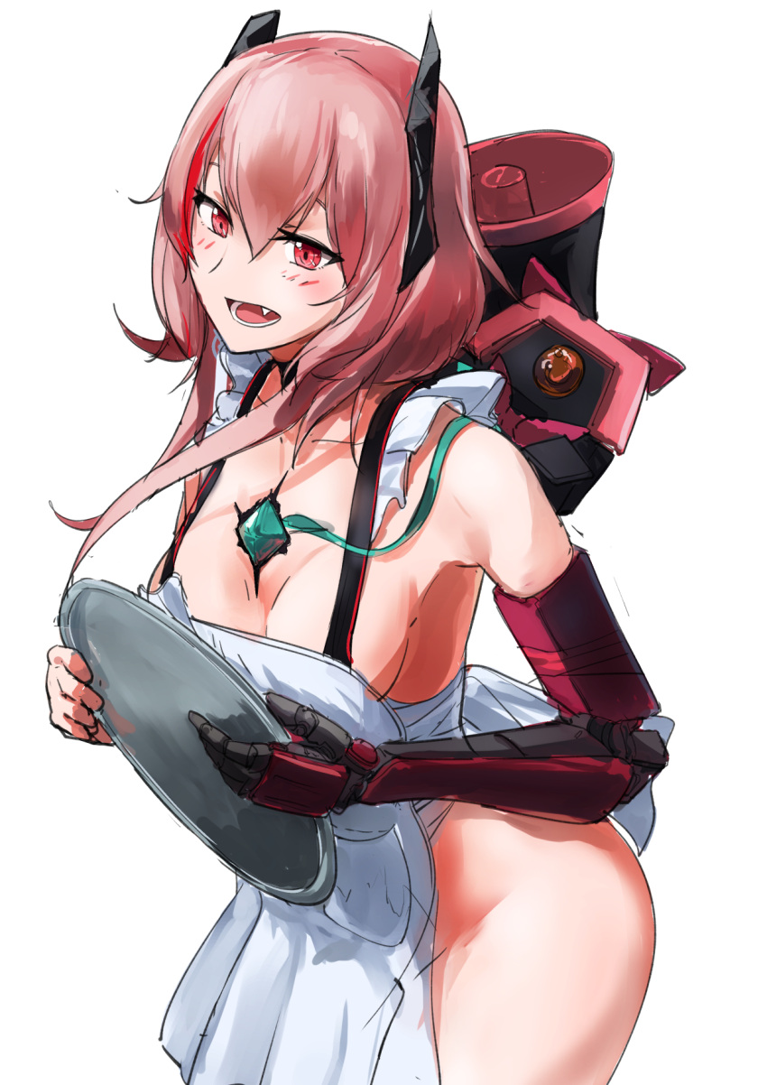 1girl apron banana_(girls_frontline) bare_shoulders blush breasts collarbone fang girls_frontline groin highres long_hair m4_sopmod_ii_(girls_frontline) mechanical_arms medium_breasts naked_apron open_mouth red_eyes sanderson single_mechanical_arm solo