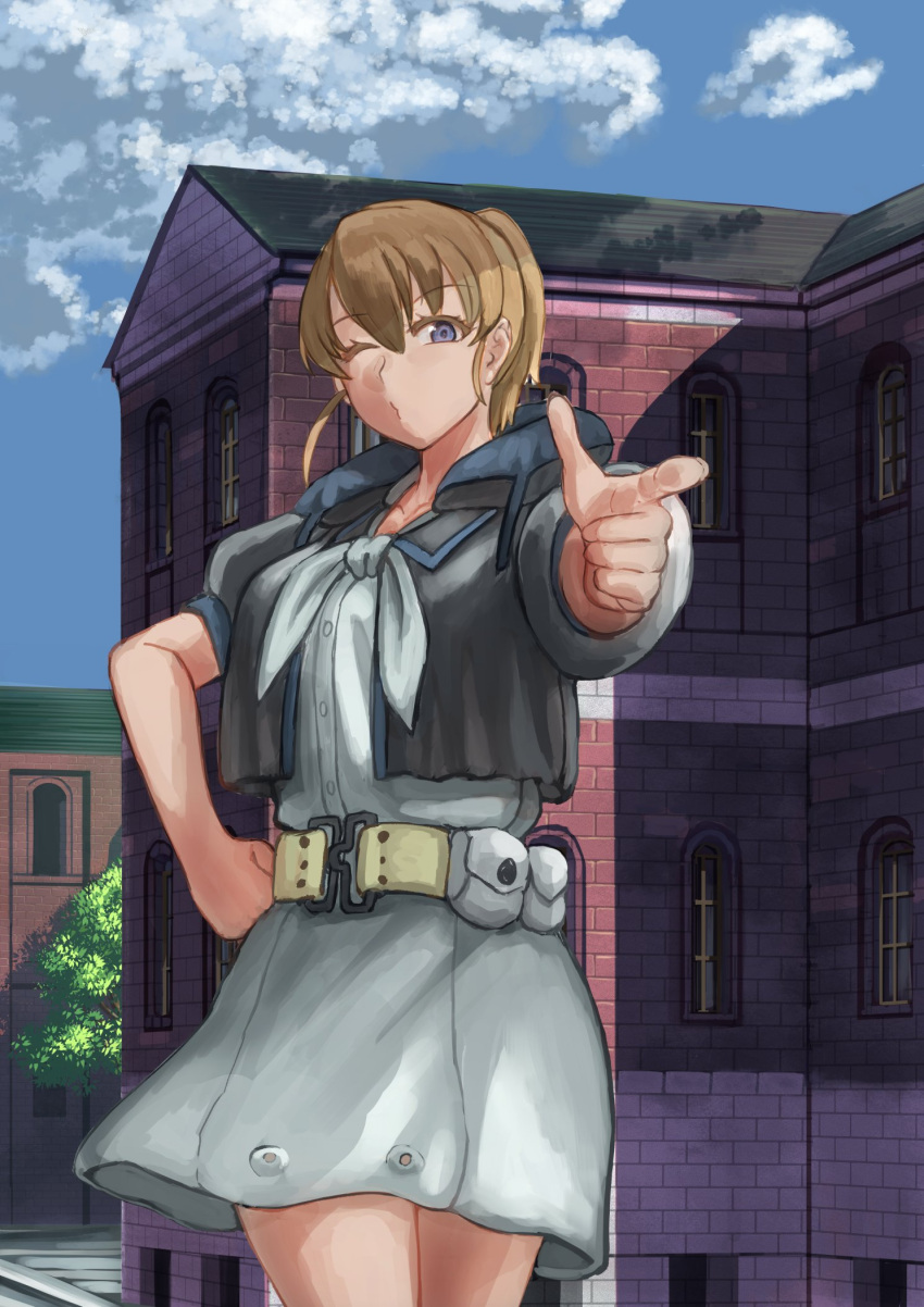 1girl bangs black_shirt blue_eyes breasts brown_hair building clouds commentary_request cowboy_shot day eyebrows_visible_through_hair finger_gun grey_neckwear hand_on_hip highres intrepid_(kancolle) kantai_collection large_breasts miniskirt mrdotd neck_pillow one_eye_closed outdoors ponytail shirt short_hair short_sleeves skirt sky solo standing tree white_neckwear white_shirt white_skirt