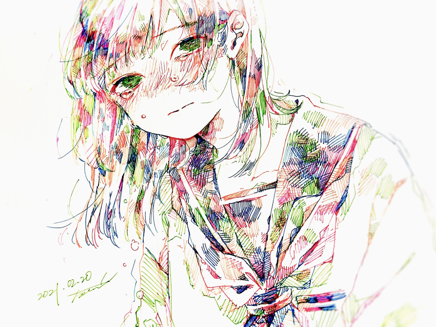 1girl absurdres bangs blush colorful dated eyes_visible_through_hair green_eyes hatching_(texture) highres neckerchief original sailor_collar signature simple_background solo tears tmari upper_body white_background