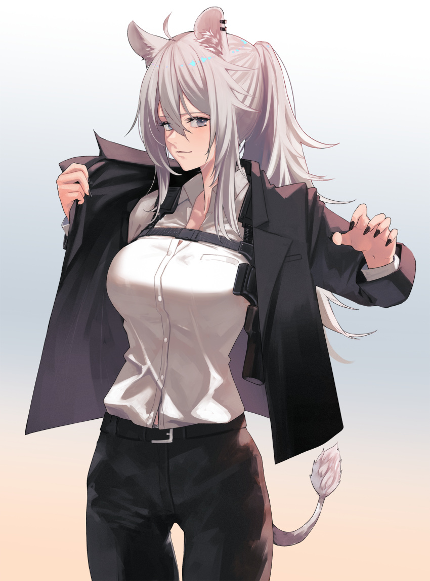 1girl animal_ears bishi_(bishi) black_nails breasts earrings fingernails grey_eyes grey_hair gun handgun highres hololive holster jewelry lion_ears lion_tail long_hair looking_at_viewer ponytail sharp_fingernails shishiro_botan simple_background smile solo tail virtual_youtuber weapon