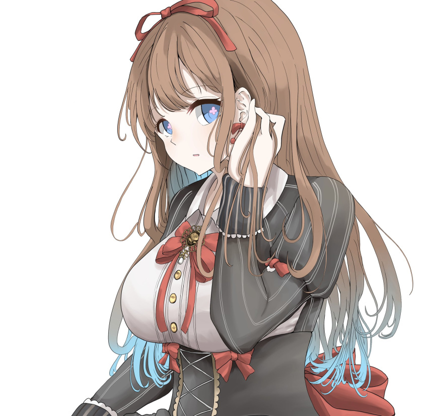 .live 1girl adjusting_hair blue_eyes blush breasts brown_hair commentary dress earrings hair_ribbon highres jewelry kakyouin_chieri large_breasts long_hair looking_at_viewer portrait red_ribbon ribbon simple_background solo virtual_youtuber white_background