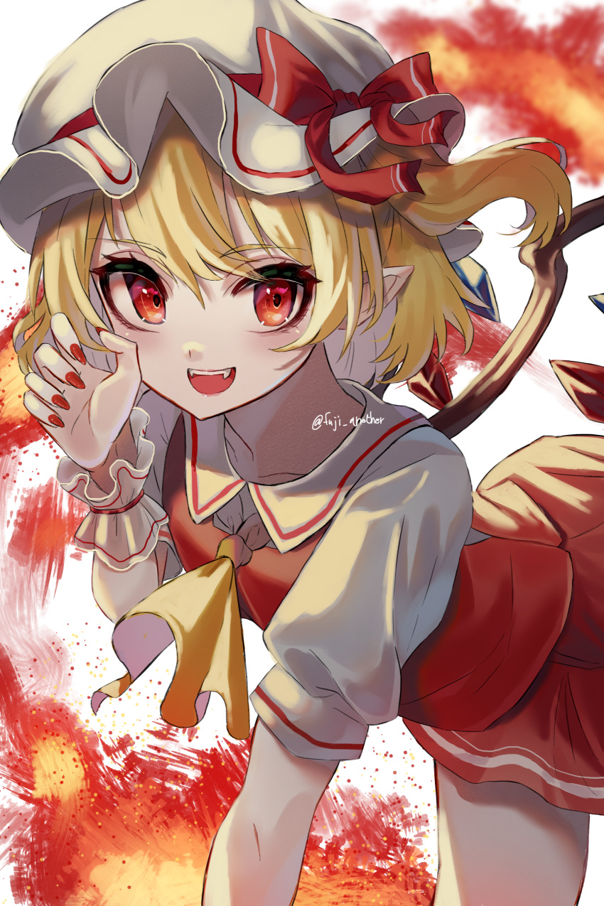 1girl :d absurdres ascot bangs bent_over blonde_hair bow crystal eyebrows_visible_through_hair fire flandre_scarlet hat hat_bow highres katsukare looking_at_viewer mob_cap open_mouth pointy_ears red_bow red_eyes red_nails red_skirt red_vest shirt short_hair side_ponytail skirt smile solo teeth touhou twitter_username vest white_background white_headwear white_shirt wings wrist_cuffs yellow_neckwear