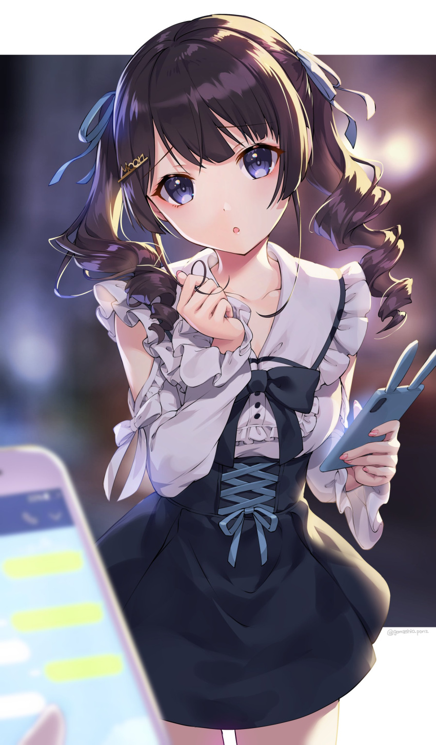 1girl :o absurdres bangs black_bow black_footwear black_hair black_skirt blue_eyes blue_ribbon bow bowtie breasts cellphone collarbone cowboy_shot drill_hair gomashio_ponz hair_ribbon high-waist_skirt highres holding holding_phone letterboxed lips looking_at_viewer nijisanji open_mouth phone playing_with_own_hair pov raised_eyebrows ribbon shirt sitting skirt socks solo tsukino_mito twintails twitter_username virtual_youtuber white_shirt