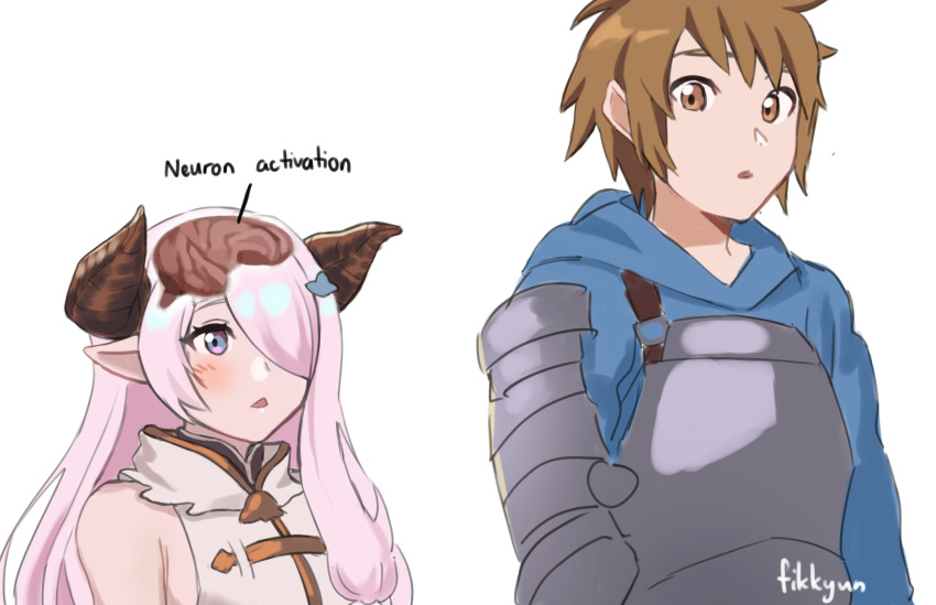 1boy 1girl blue_eyes blush brain brown_eyes brown_hair chest_armor chestnut_mouth draph fikkyun gran_(granblue_fantasy) granblue_fantasy highres horns long_hair meme narmaya_(granblue_fantasy) neuron_activation_(meme) pink_hair short_hair very_long_hair x-ray