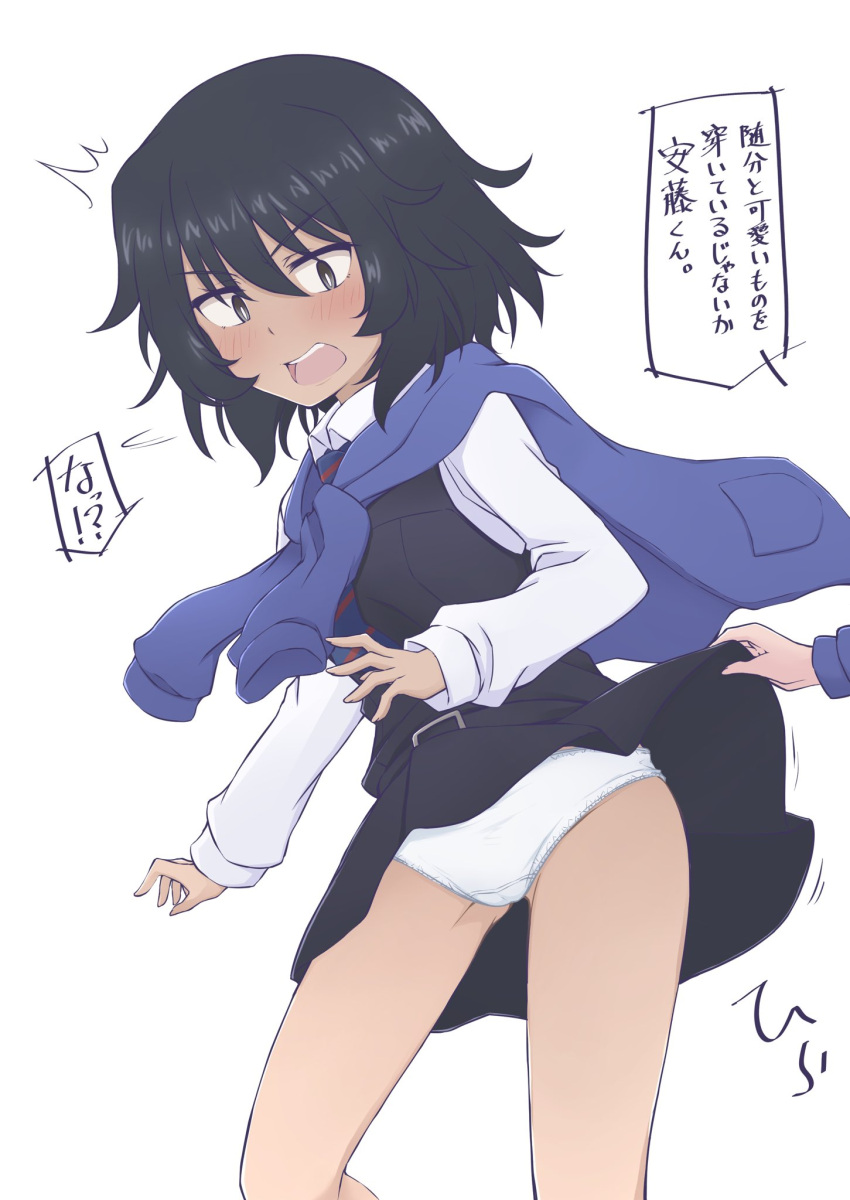 1girl ^^^ andou_(girls_und_panzer) bangs bc_freedom_school_uniform black_dress black_eyes black_hair blue_neckwear blue_sweater blush commentary crotch_seam dark_skin dark-skinned_female dress dress_shirt eyebrows_visible_through_hair girls_und_panzer hair_ornament hazuki_haru highres lifted_by_another long_sleeves looking_at_viewer medium_hair messy_hair motion_lines necktie open_mouth panties paw_print_pattern pinafore_dress pink_hair pleated_dress school_uniform shirt short_dress simple_background skirt skirt_lift standing sweater sweater_around_neck translated underwear white_background white_panties white_shirt wing_collar