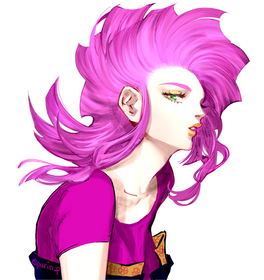 1girl floating_hair green_eyes highres jojo_no_kimyou_na_bouken looking_at_viewer medium_hair parted_lips pink_hair profile purin_(iddunpg) purple_shirt shadow shirt short_sleeves simple_background solo trish_una upper_body vento_aureo white_background