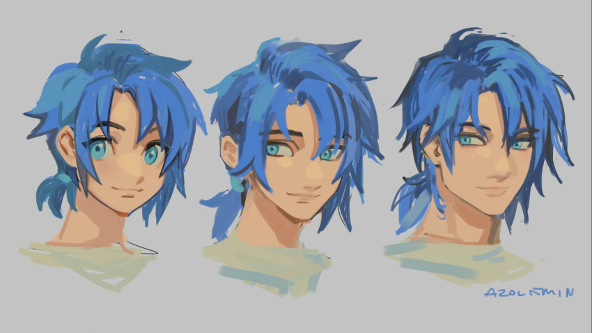1boy age_progression artist_name azolitmin bangs blue-haired_boy_(how_to_draw_manga) blue_eyes blue_hair closed_mouth commentary english_commentary eyebrows_visible_through_hair face grey_background hair_intakes happy how_to_draw_manga looking_at_viewer looking_to_the_side male_focus multiple_views ponytail short_hair signature simple_background sketch smile tied_hair