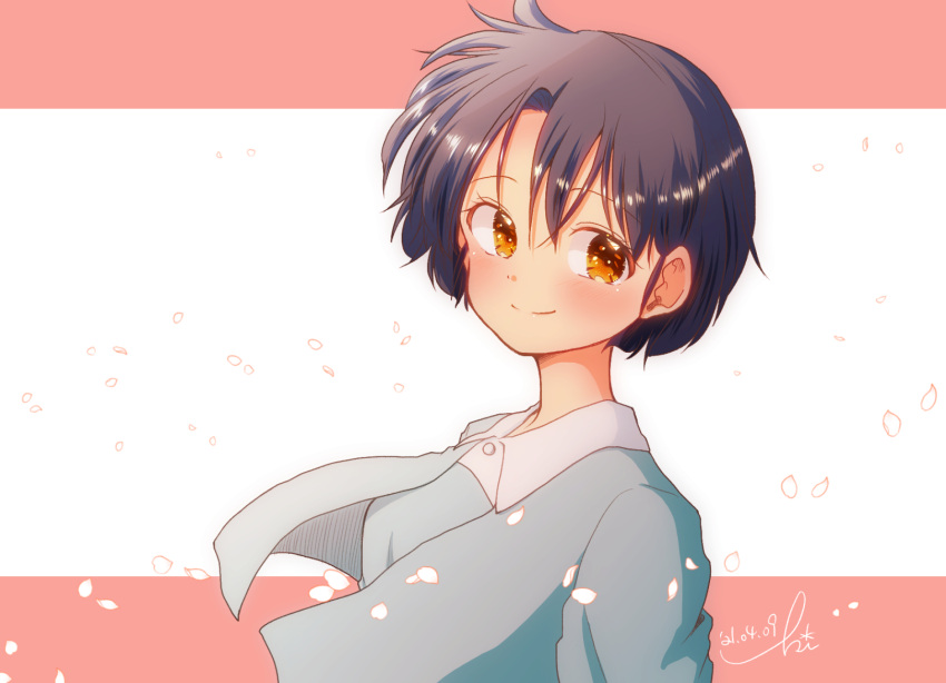 0324kiki 1girl bangs blue_shirt blush bob_cut brown_eyes cherry_blossoms closed_mouth collared_shirt commentary dated eyebrows_visible_through_hair hair_between_eyes highres looking_at_viewer looking_to_the_side petals pink_background ranma_1/2 shirt short_hair signature smile solo tendou_akane white_background wind