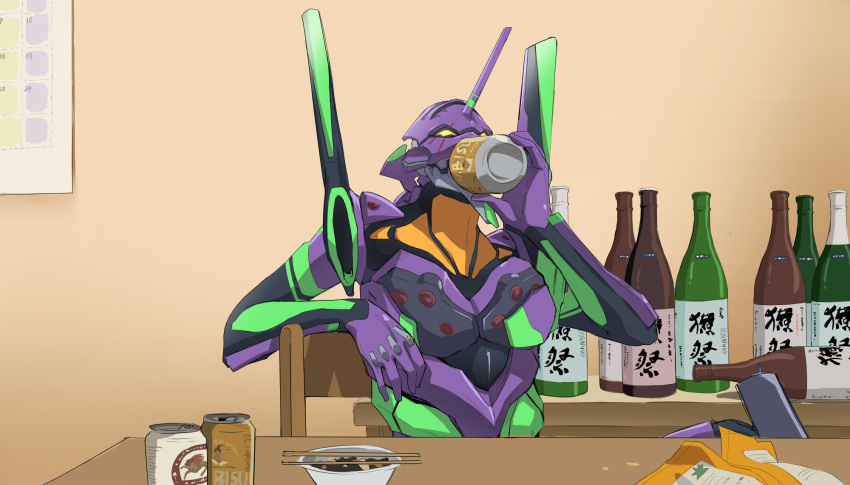 arm_rest beer_can bottle calendar_(object) can chair chopsticks drinking eva_01 food highres horns mecha neon_genesis_evangelion no_humans onsen_mikan sake_bottle sepia_background single_horn sitting sitting_on_object surreal table yellow_eyes