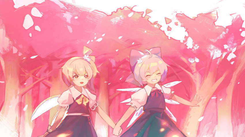 2girls :d absurdres ahoge bangs blue_hair blue_skirt blue_vest bow cherry_blossoms cirno closed_eyes cowboy_shot cravat daisy daiyousei day dress eyebrows_visible_through_hair fairy_wings flat_chest flower green_hair grin hair_bow hair_flower hair_ornament happy highres holding_hands ice ice_wings looking_afar looking_ahead multiple_girls one_side_up open_mouth outdoors pinafore_dress pink_flower pink_theme puffy_short_sleeves puffy_sleeves red_neckwear red_ribbon ribbon short_hair short_sleeves siyumu skirt smile standing touhou tree vest white_flower wings wrist_cuffs yellow_bow yellow_neckwear
