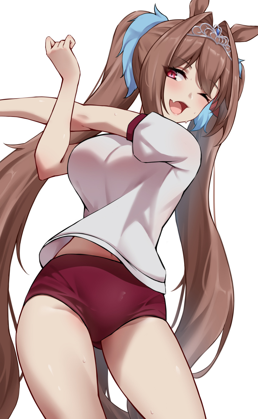 1girl ;d absurdres animal_ears ass_visible_through_thighs blush breasts brown_hair buruma contrapposto daiwa_scarlet_(umamusume) fang gym_shirt hair_intakes highres horse_ears horse_girl horse_tail large_breasts long_hair looking_at_viewer midriff_peek one_eye_closed open_mouth red_buruma red_eyes shirt short_sleeves skin_fang smile solo stretch sweat tail thighs tiara umamusume very_long_hair white_shirt yukiaka