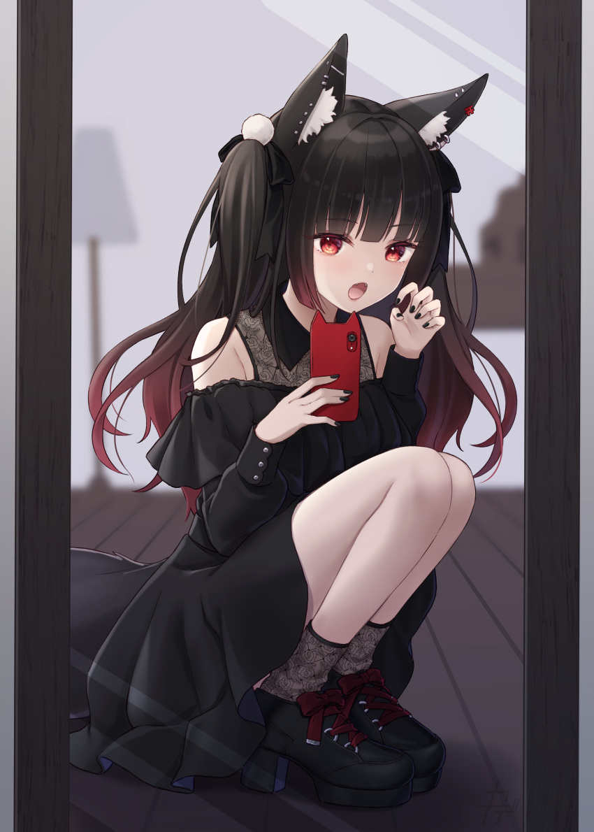 1girl :o absurdres animal_ear_fluff animal_ears bare_shoulders black_hair black_nails cellphone claw_pose dress ear_piercing earrings fangs fox_ears fox_tail full_body gradient_hair highres jewelry kuroneko13x lace lace_legwear long_hair long_sleeves multicolored_hair off-shoulder_dress off_shoulder one_side_up open_mouth original phone piercing redhead smartphone squatting tail torii_earrings