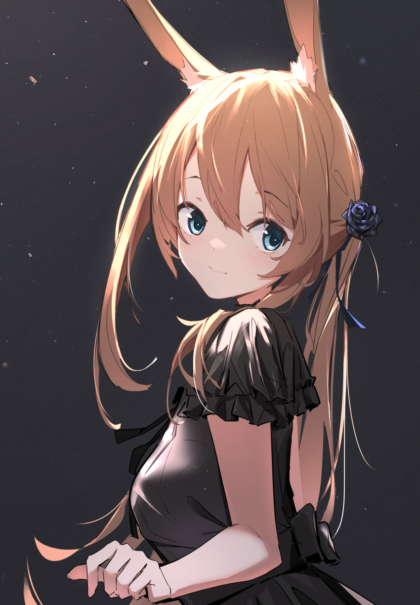 1girl absurdres amiya_(arknights) animal_ear_fluff animal_ears arknights bangs black_background black_dress black_flower black_rose blue_eyes brown_hair chichi_guai closed_mouth dress eyebrows_visible_through_hair flower frilled_sleeves frills from_side hair_flower hair_ornament highres long_hair looking_at_viewer looking_to_the_side ponytail rabbit_ears rose short_sleeves sidelocks simple_background solo upper_body