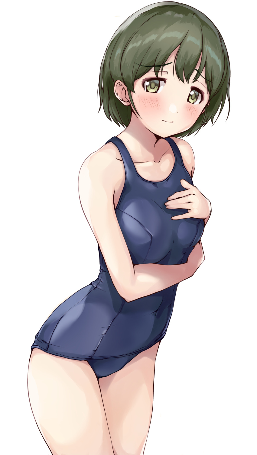 1girl absurdres bangs bare_arms bare_shoulders blue_swimsuit blush breasts collarbone commentary_request covered_navel eyebrows_visible_through_hair green_eyes green_hair hand_on_own_chest hand_up highres idolmaster idolmaster_shiny_colors kuroba_aki looking_at_viewer nanakusa_nichika old_school_swimsuit one-piece_swimsuit school_swimsuit simple_background small_breasts solo standing swimsuit white_background