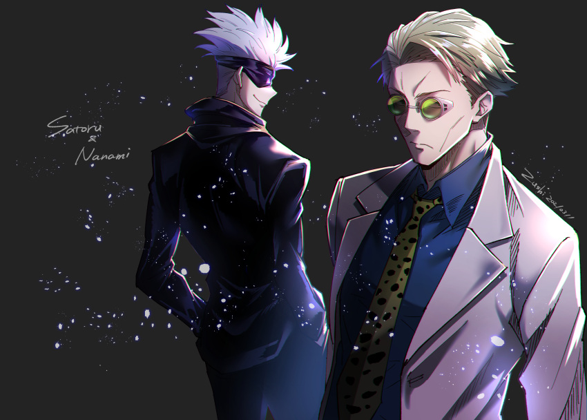 2boys absurdres black_background black_jacket black_pants blindfold blonde_hair blue_shirt closed_mouth collared_shirt covered_eyes cowboy_shot dress_shirt formal gojou_satoru grey_jacket grey_suit hands_in_pockets high_collar highres jacket jujutsu_kaisen light_particles looking_at_viewer male_focus multiple_boys nanami_kento necktie pants profile ripod round_eyewear shirt short_hair smile standing sunglasses upper_body white_hair yellow_neckwear