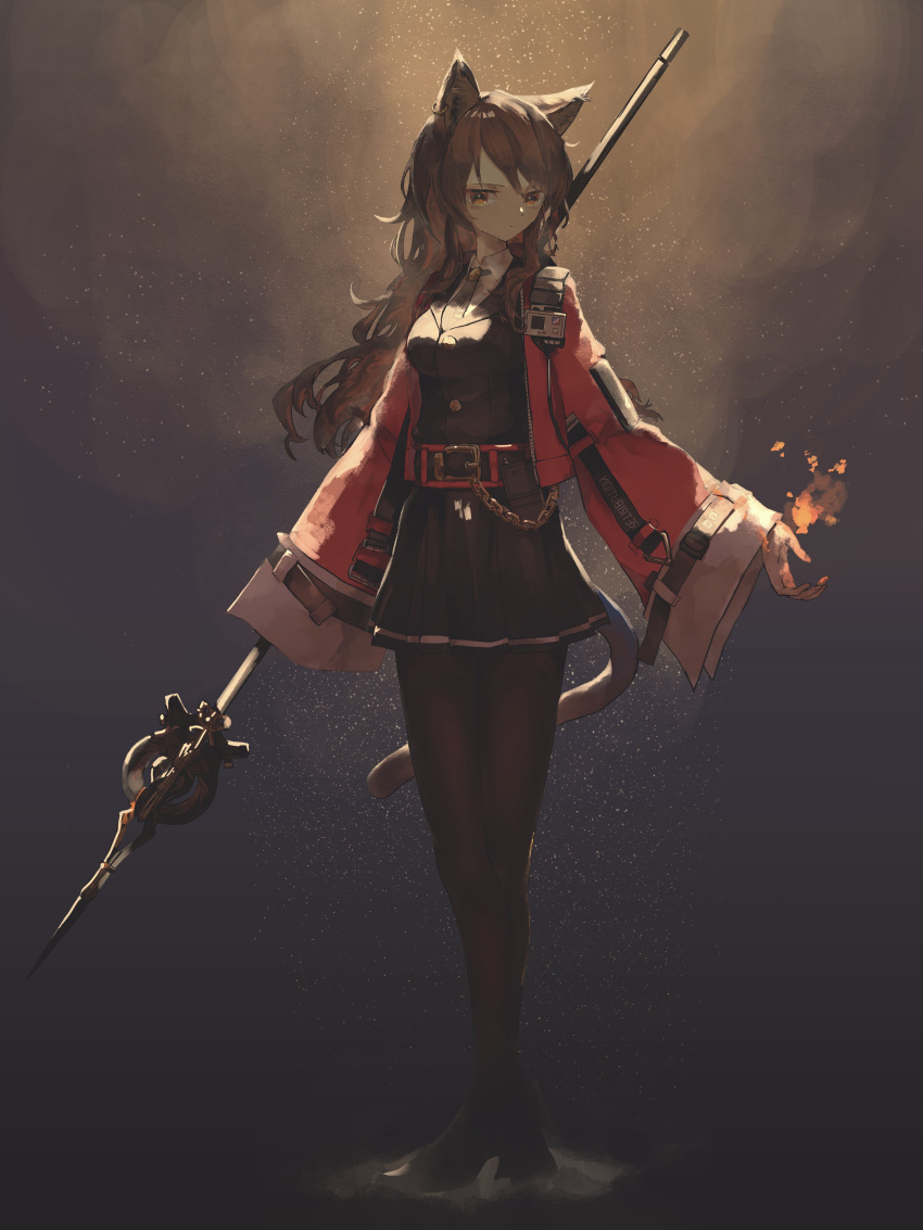 1girl absurdres animal_ears arknights black_background black_jacket black_legwear black_neckwear black_skirt brown_hair cat_ears cat_tail chain closed_mouth collared_shirt commentary crossed_legs dress_shirt ear_piercing expressionless fire full_body highres holding holding_staff jacket kenseeeeeeee long_hair looking_at_viewer magic miniskirt necktie open_clothes open_jacket orange_eyes pantyhose piercing pleated_skirt red_jacket shirt simple_background skirt skirt_set skyfire_(arknights) smoke solo staff strap striped striped_neckwear tail white_shirt wing_collar
