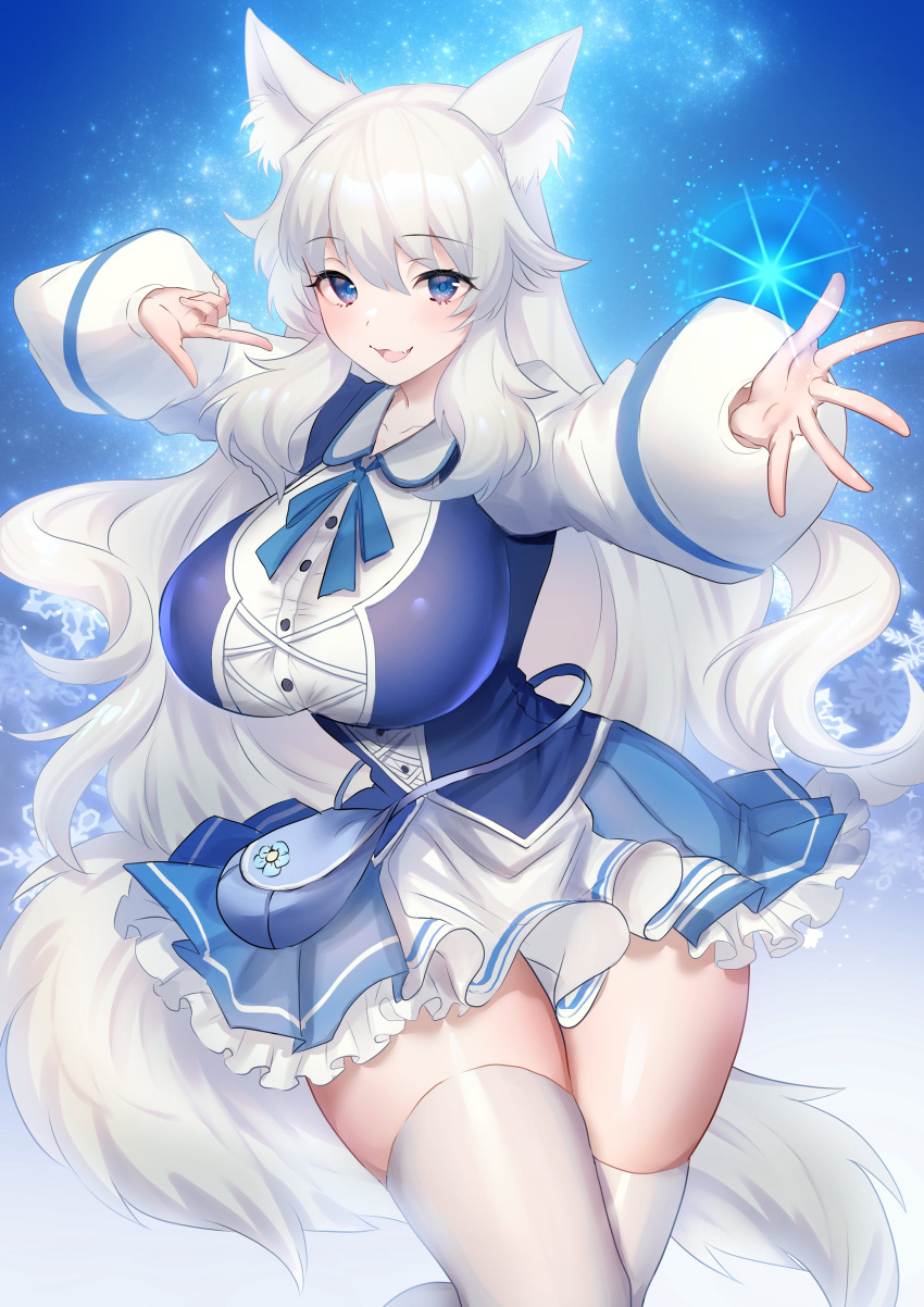1girl absurdres akebono_kt animal_ears bag blue_eyes breasts curvy handbag highres large_breasts looking_at_viewer miniskirt original puffy_sleeves ribbon shiny skirt smile tail thick_thighs thigh-highs thighs virtual_youtuber white_hair white_legwear wolf_ears wolf_girl wolf_tail