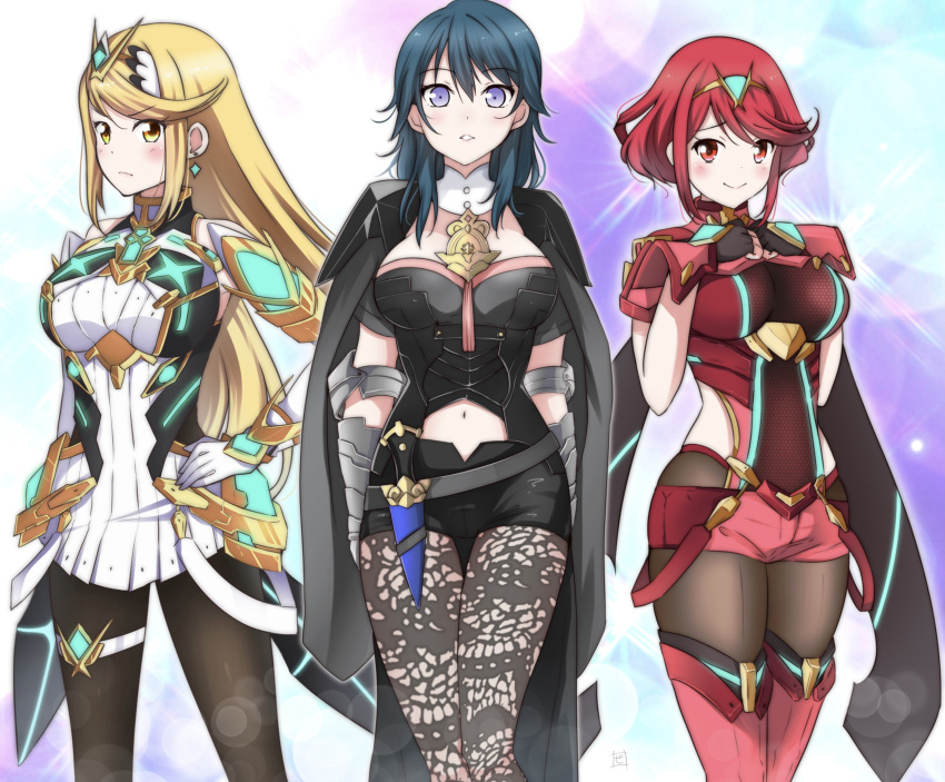 3girls absurdres arm_guards armor bangs black_cape blonde_hair blue_hair blush brown_legwear byleth_(fire_emblem) byleth_eisner_(female) cape clothing_cutout corset dagger earrings emblem fingerless_gloves fire_emblem fire_emblem:_three_houses gloves hands_on_hips highres jewelry long_hair looking_at_viewer medium_hair multiple_girls mythra_(massive_melee)_(xenoblade) mythra_(xenoblade) navel_cutout pyra_(xenoblade) red_shorts redhead short_hair short_shorts shorts shoulder_armor sidelocks smile super_smash_bros. swept_bangs tiara underbust weapon xenoblade_chronicles_(series) xenoblade_chronicles_2 zero-theme